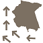 An icon for current measurement, showing water current vectors flowing past a coastline.